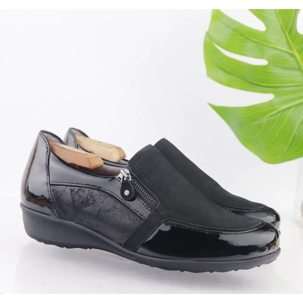Drew Womens Padua Loafers Size 10 WIDE Black Patent Leather Comfort Shoes Wedge